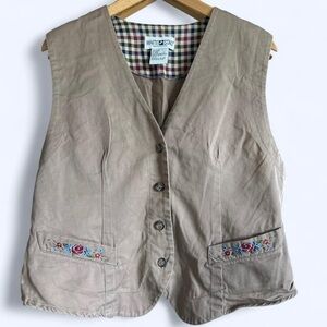 Vintage White Stag Brown Floral Embroidered Vest Cottagecore Boho Medium